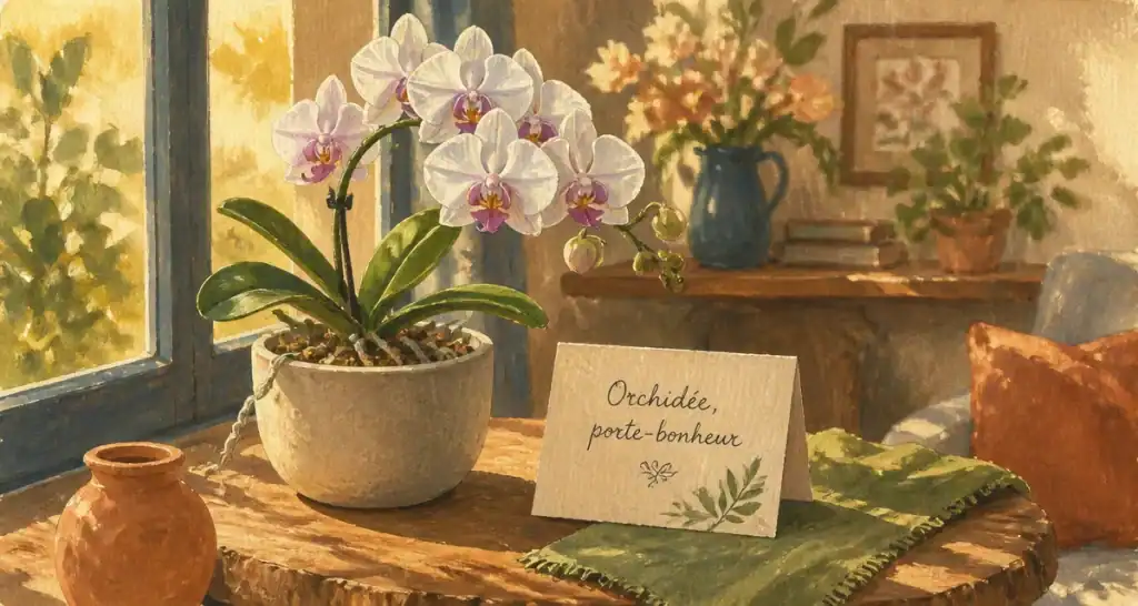 Offrir une orchidée porte malheur : orchidée Phalaenopsis blanche et mauve en pot terracotta