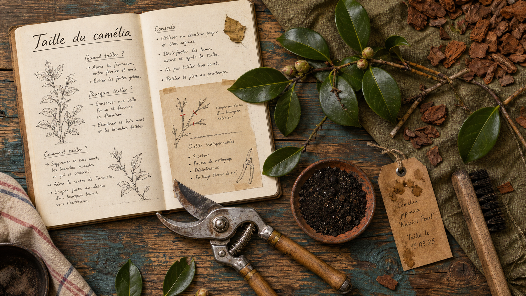 Quand tailler camelia : sécateur désinfecté pour taille et bourgeons