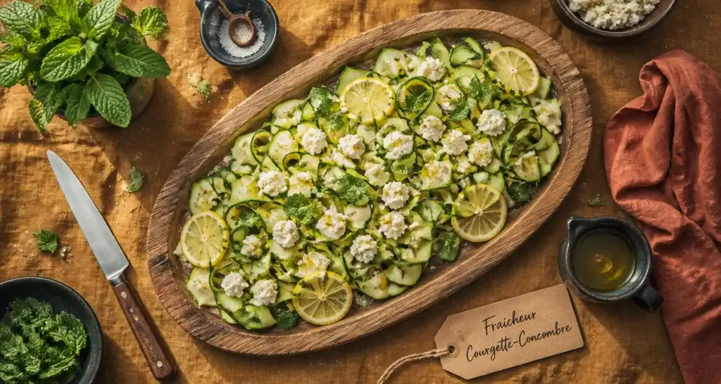 Salade courgette concombre feta menthe sur planche bois