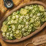 Salade courgette concombre feta menthe sur planche bois