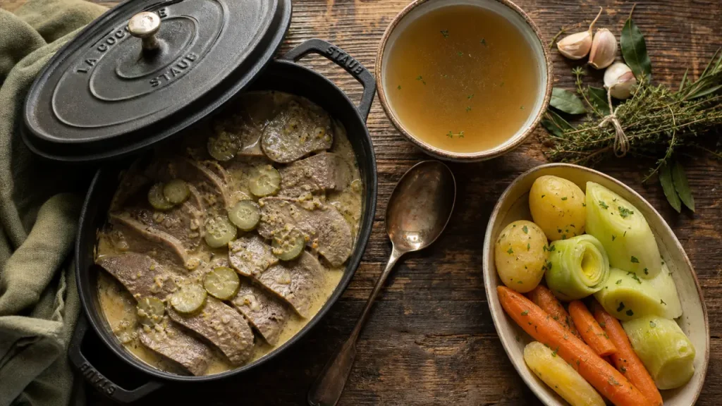 Bouillon de langue façon grand-mère, langue de bœuf mijotée et sauce piquante aux cornichons