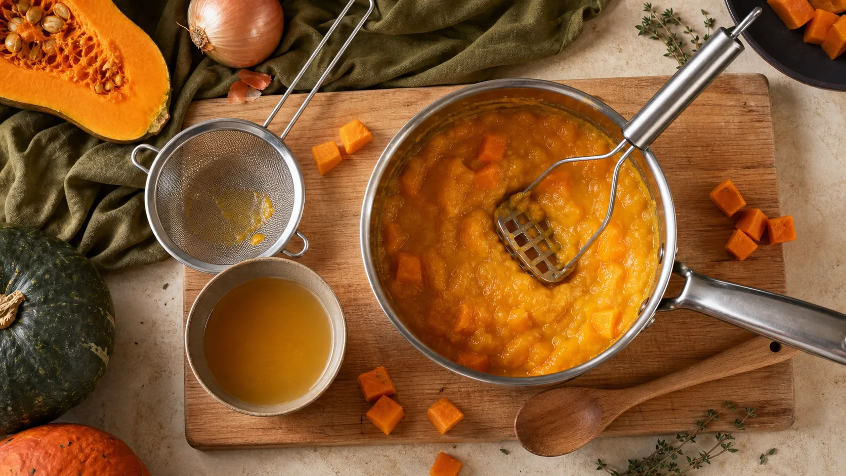Comment mixer sans mixeur : soupe lisse à la courge, presse-purée