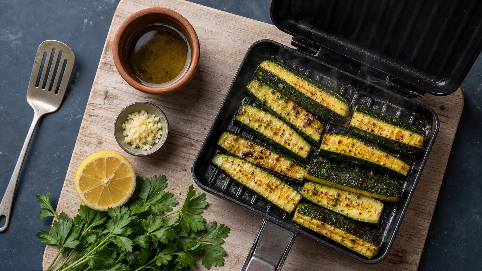 Courgette a la plancha, tranches dorées sur plancha