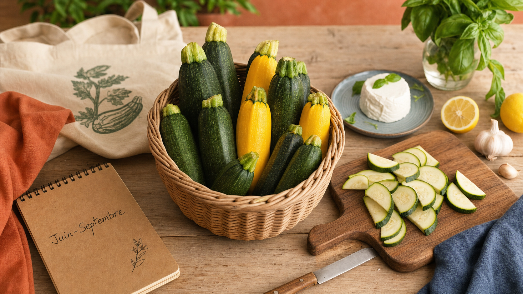 Courgettes saison de juin à septembre, panier de courgettes et basilic