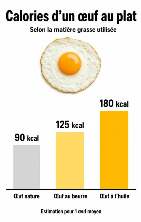 Infographie montrant les calories d'un œuf au plat selon le mode de cuisson et la matière grasse