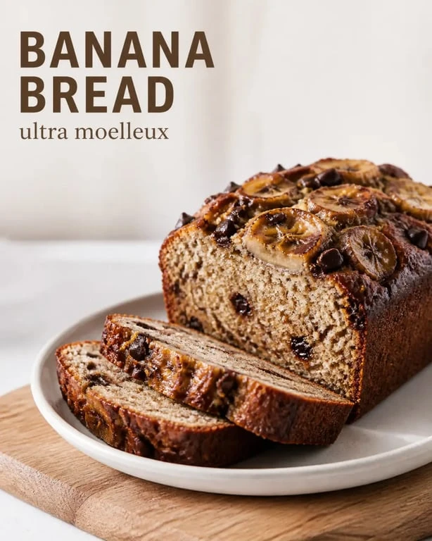 Banana bread ultra moelleux tranché, avec mie tendre et humide, présenté sur une assiette claire