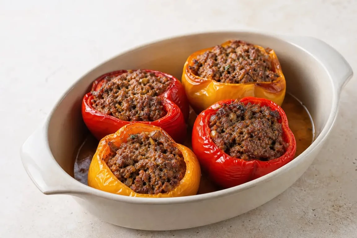 Poivrons farcis au four viande hachee servis dans un plat, recette appétissante et dorée
