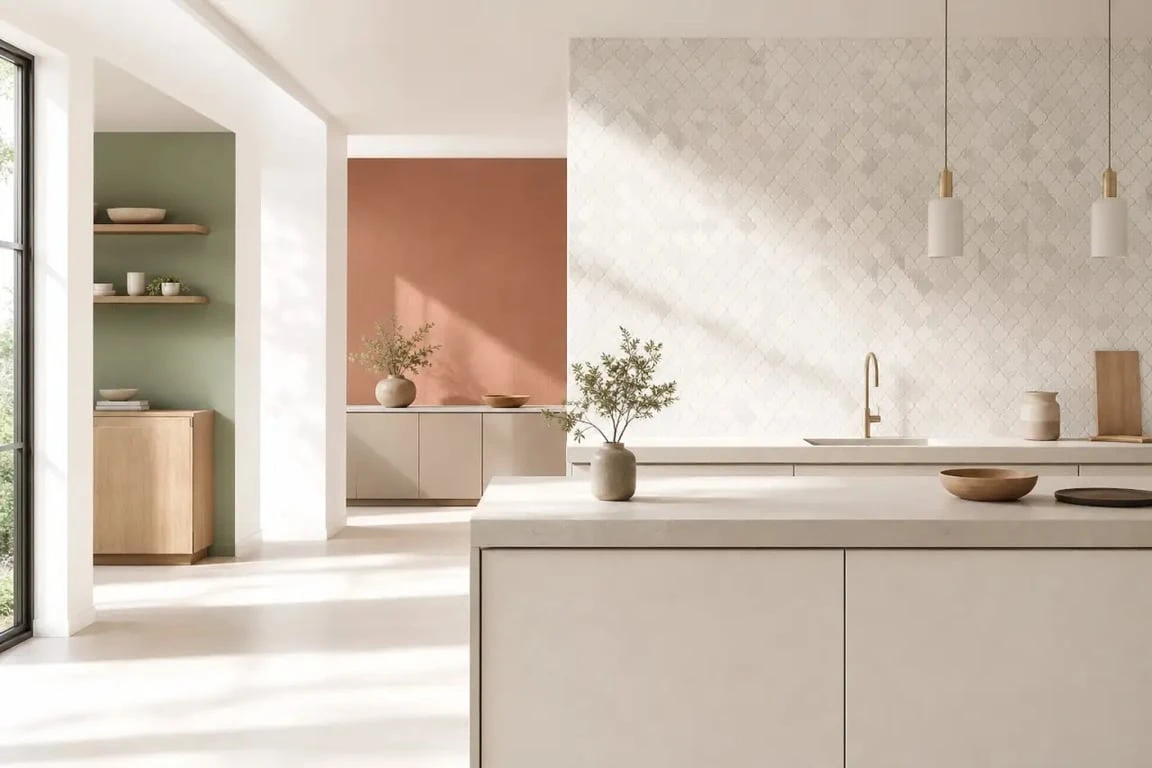 Tendance papier peint cuisine : ambiances terracotta, vert sauge et zellige dans une cuisine contemporaine