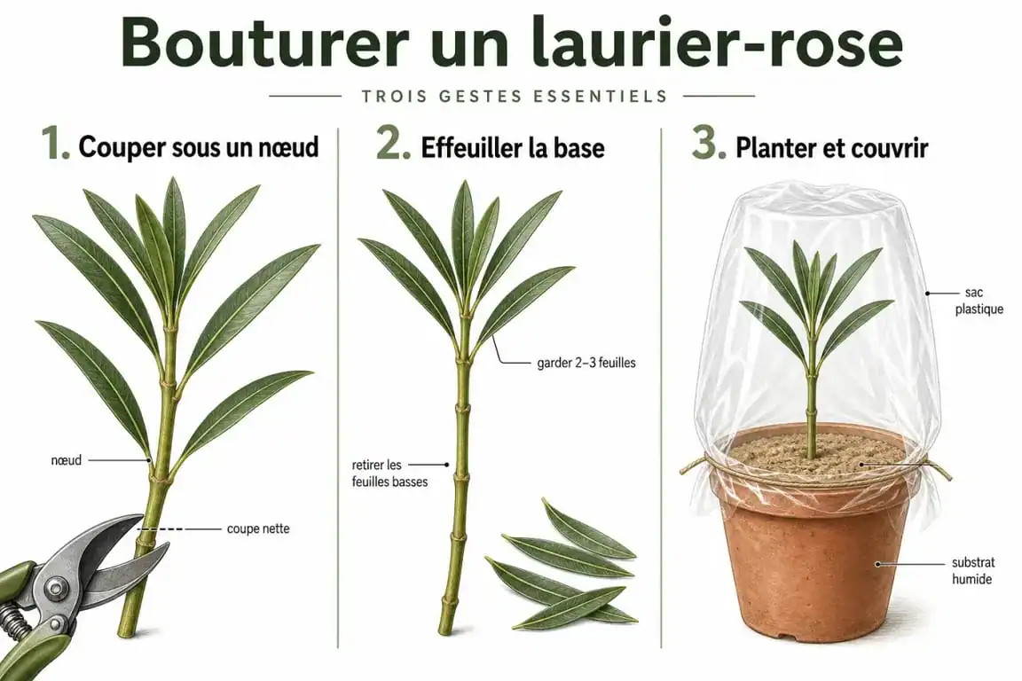 Étapes illustrées pour réussir la bouture de laurier-rose : coupe, préparation et mise en terre.
