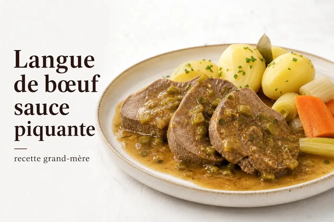 Bouillon de langue façon grand-mère servi avec sauce piquante et pommes vapeur