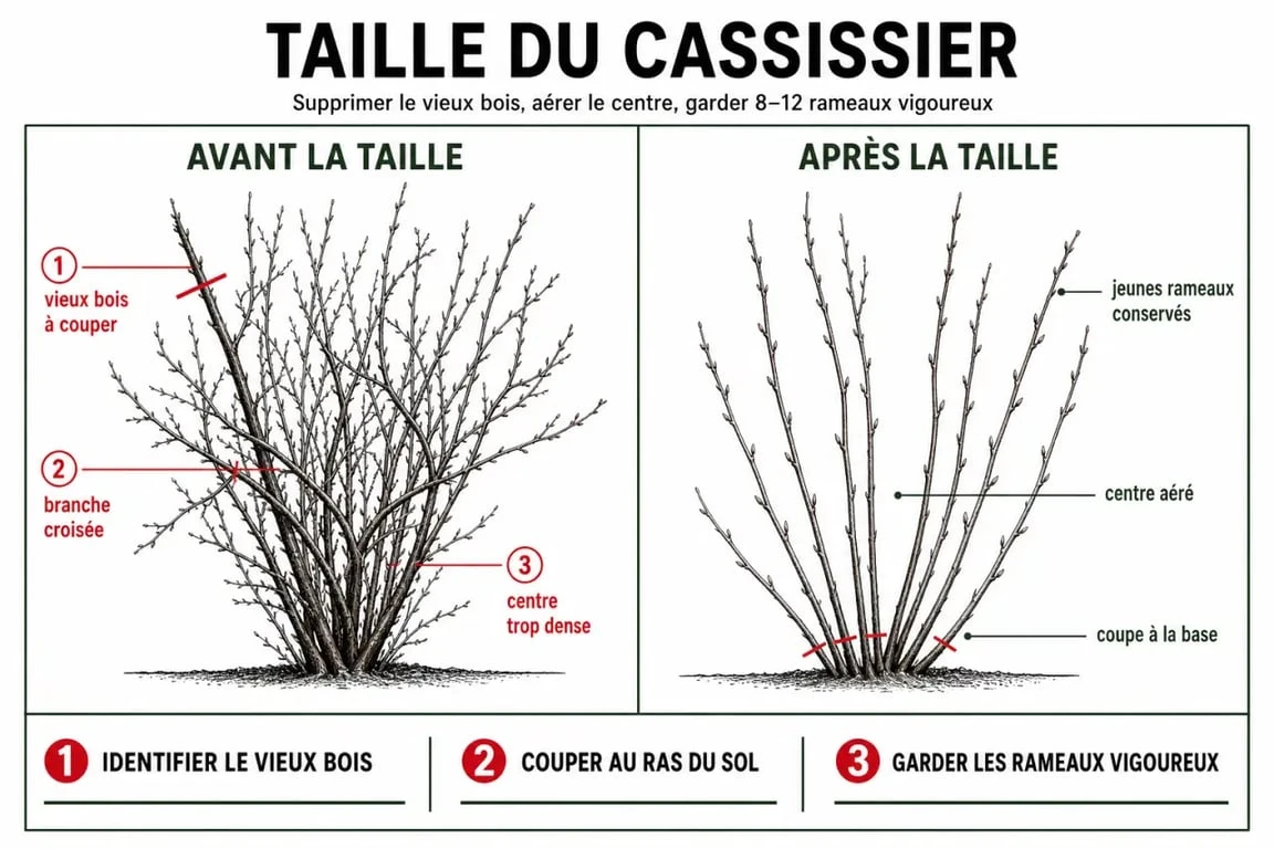 Schéma explicatif pour savoir quand tailler les cassissiers et comment couper les branches pour optimiser la récolte.