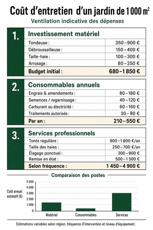 Infographie du coût annuel d'entretien d'un jardin de 1000 m2 : équipement, consommables et services de jardinage.