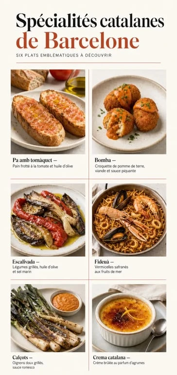 Spécialité Barcelone : pa amb tomàquet, bomba, fideuà, calçots et crema catalana dans une composition éditoriale