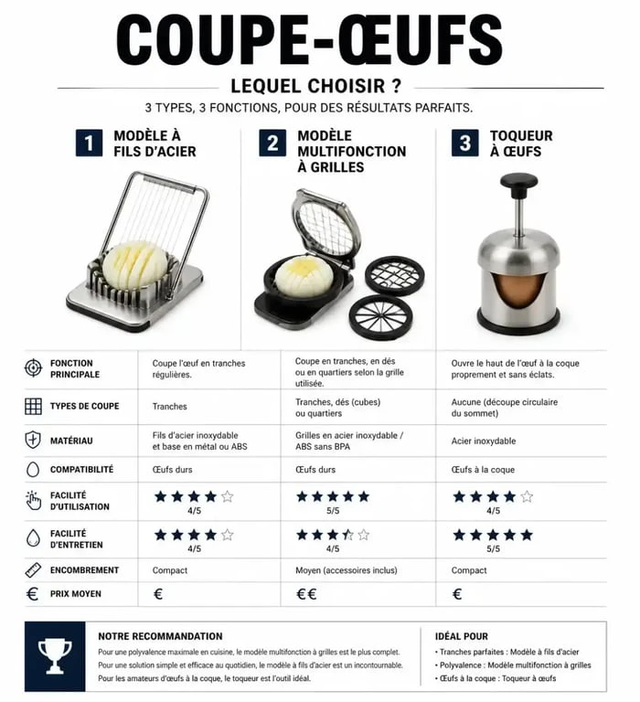 Infographie comparative des différents modèles de coupe-œuf dur pour choisir l'ustensile adapté à vos besoins