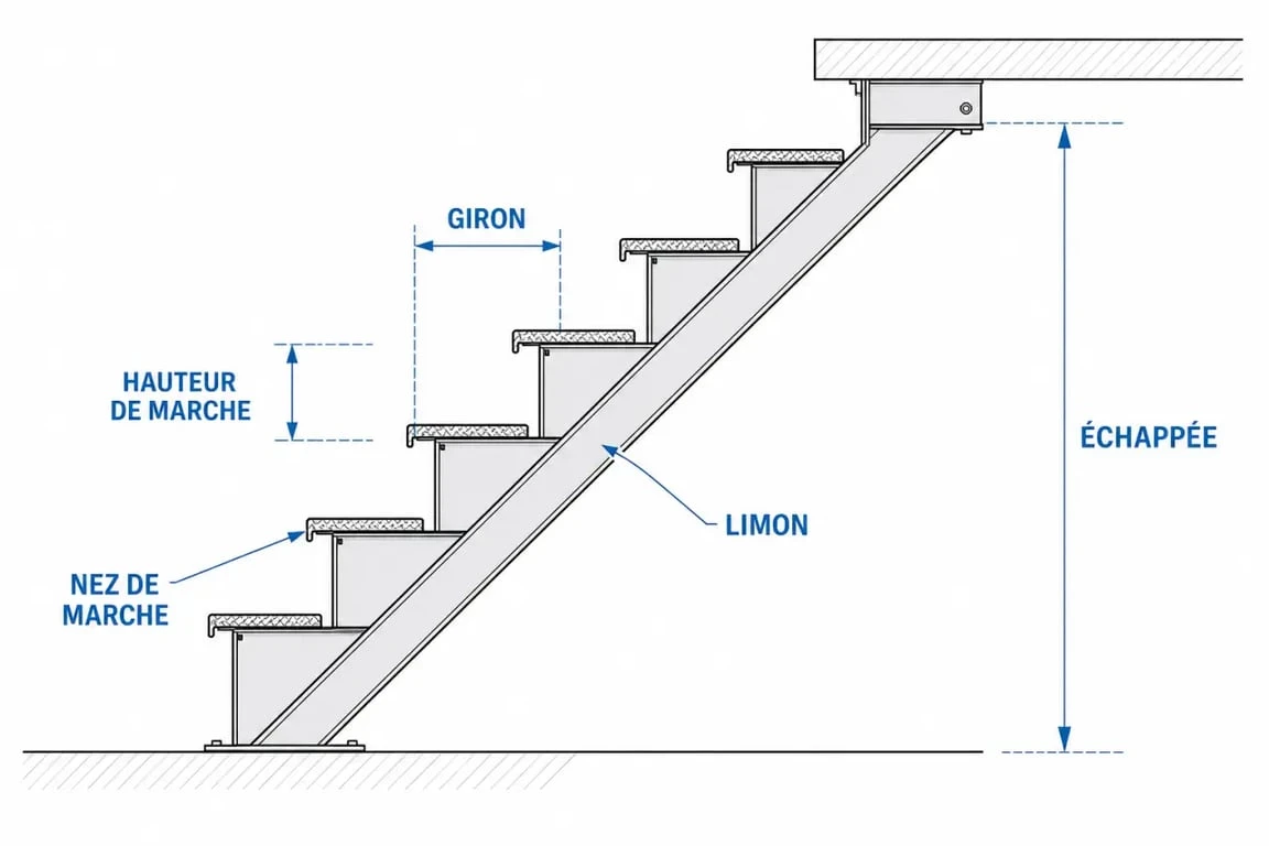 Schéma technique des composants d'un escalier en métal pour la fabrication sur mesure