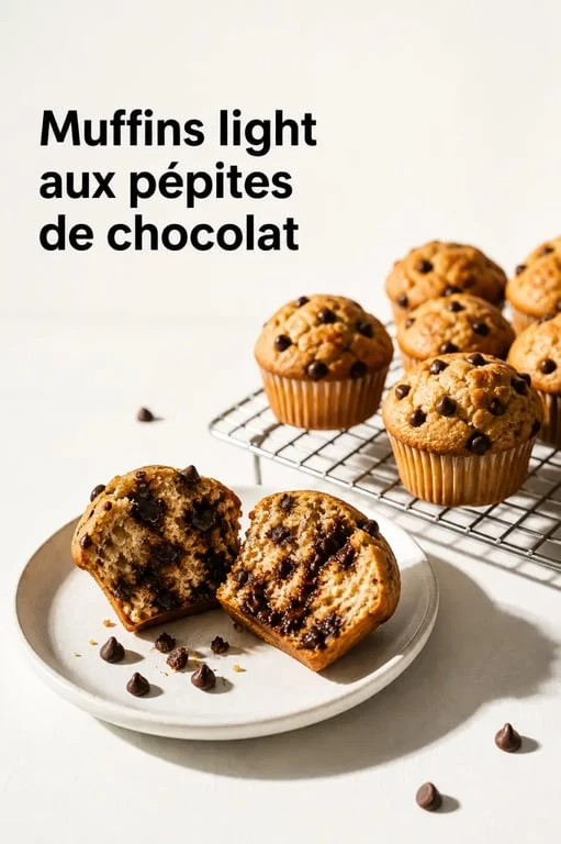 Muffin light aux pépites de chocolat, moelleux et doré, présenté en gros plan sur assiette claire