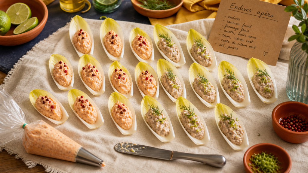 Feuilles d'endives garnies pour apéro, farce saumon fumé et thon