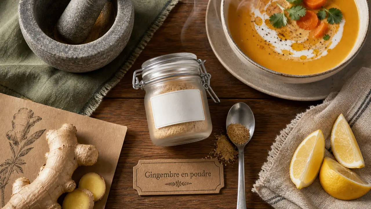 Gingembre en poudre sur table en bois, pot et mortier.