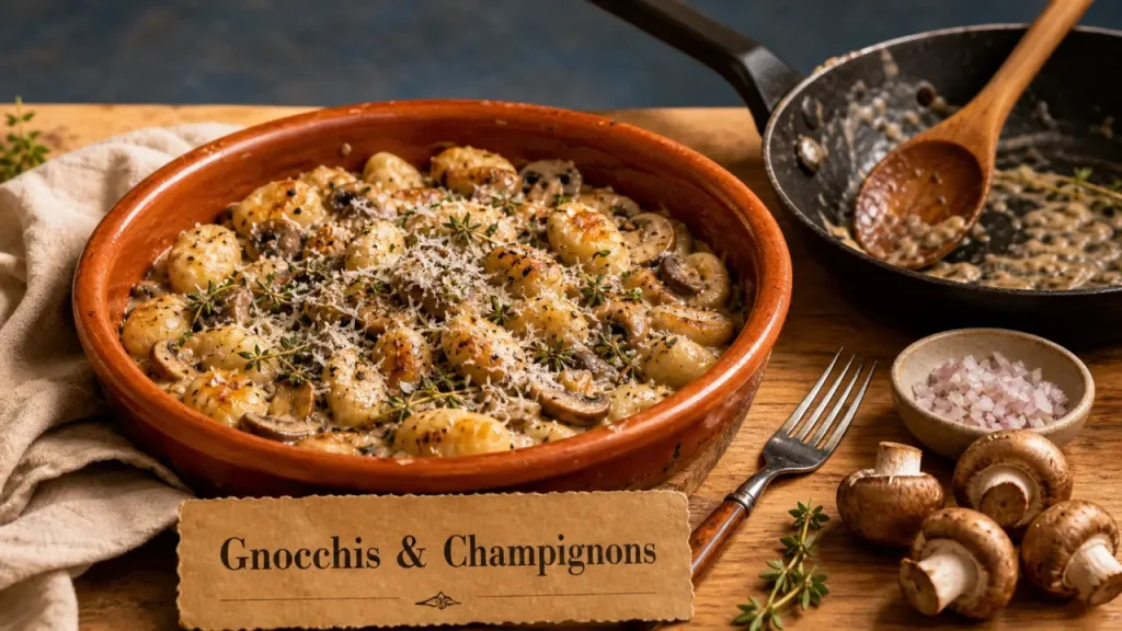 Gnocchi et accompagnement avec sauce aux champignons et parmesan