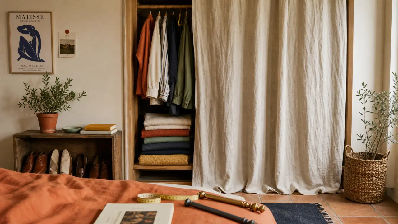 Idée pour fermer un placard sans porte avec un rideau en lin
