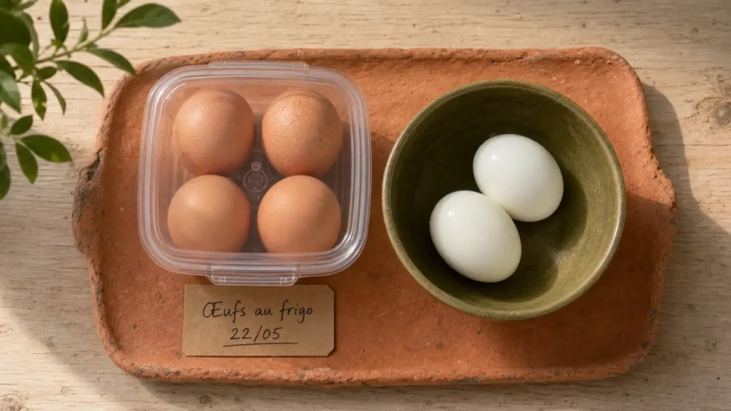 Oeuf dur combien de temps au frigo : 1 semaine, avec coquille