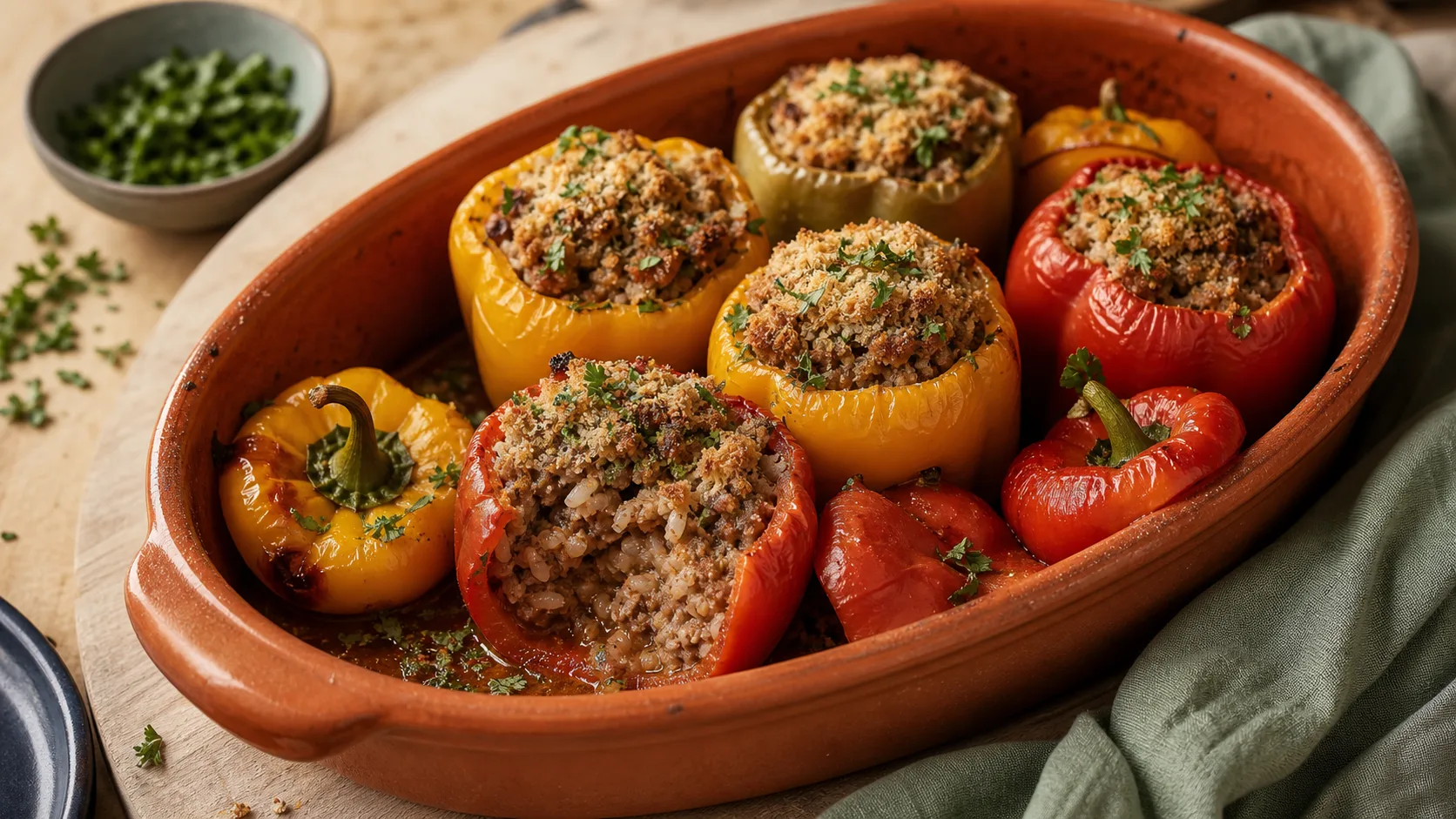 Poivrons farcis au four viande hachee, farce moelleuse et bouillon
