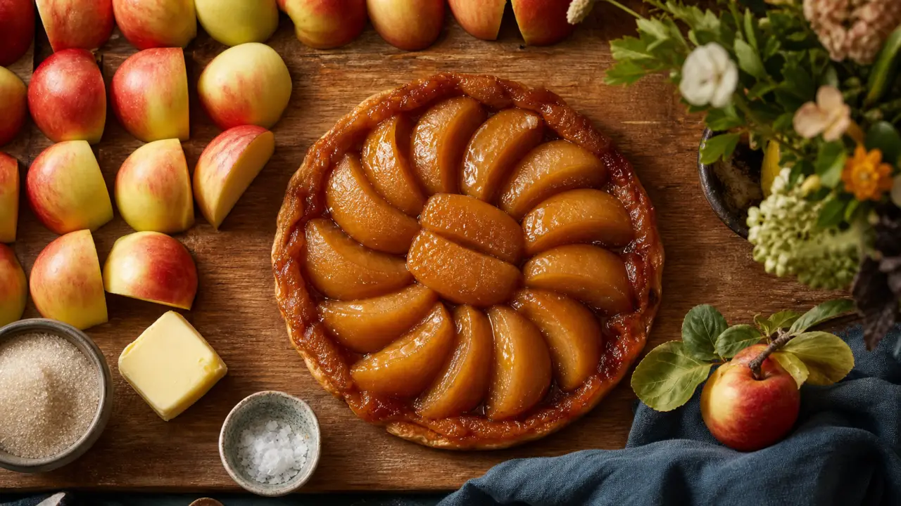 Pomme tarte tatin fondante, quartiers nets et caramel doré