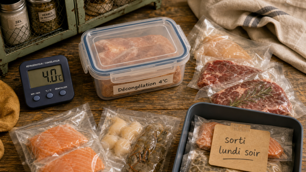 Produit décongelé combien de temps au frigo : 3 à 4 jours, étiquette 4°C