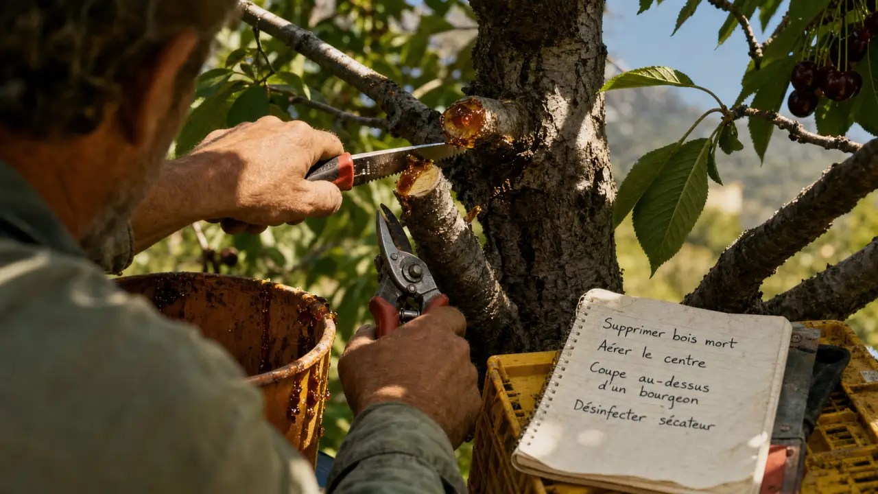 Quand tailler les cerisiers : jardinier taille un cerisier après récolte