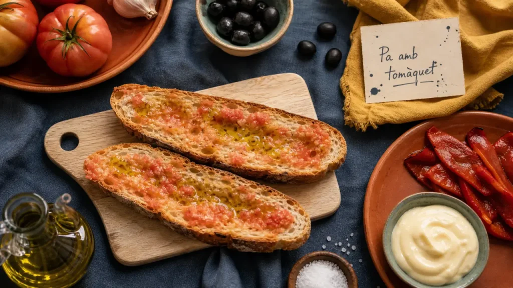 Spécialité barcelone : pa amb tomàquet, pain à la tomate et allioli
