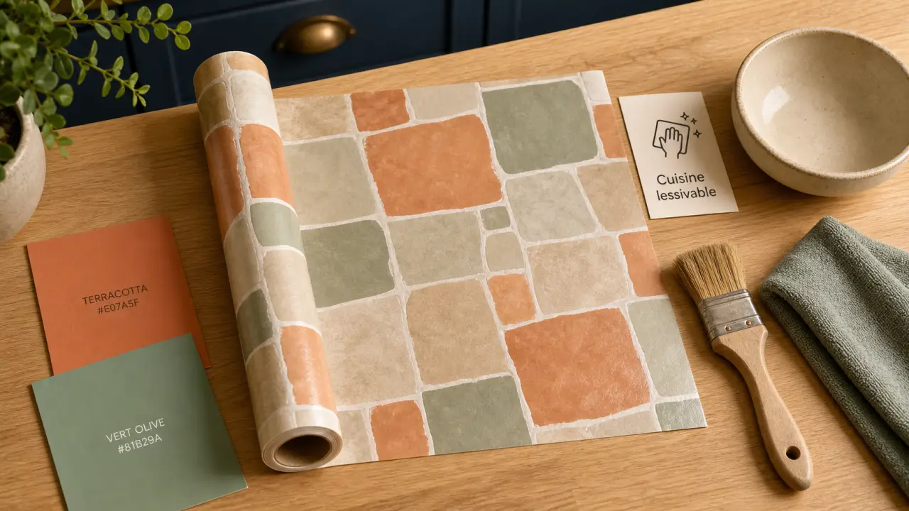 Tendance papier peint cuisine : papier vinyle effet zellige, couleurs terreuses, cuisine lessivable