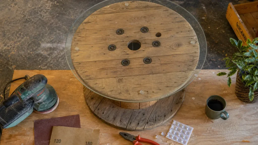 Touret en table basse DIY style industriel, disque poncé et plateau verre