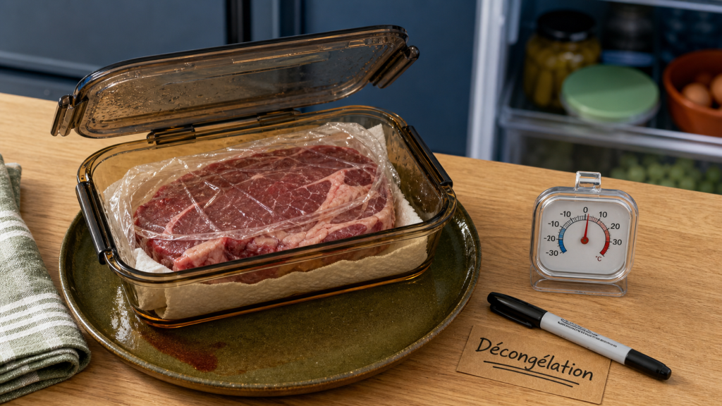 Viande décongelé combien de temps au frigo : haché 24 h, gros morceaux 3-4 j