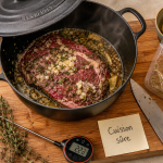 Viande qui sent fort à la cuisson : bœuf cru en cocotte, marinade et thermomètre