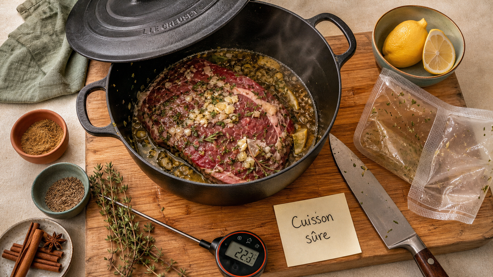 Viande qui sent fort à la cuisson : bœuf cru en cocotte, marinade et thermomètre