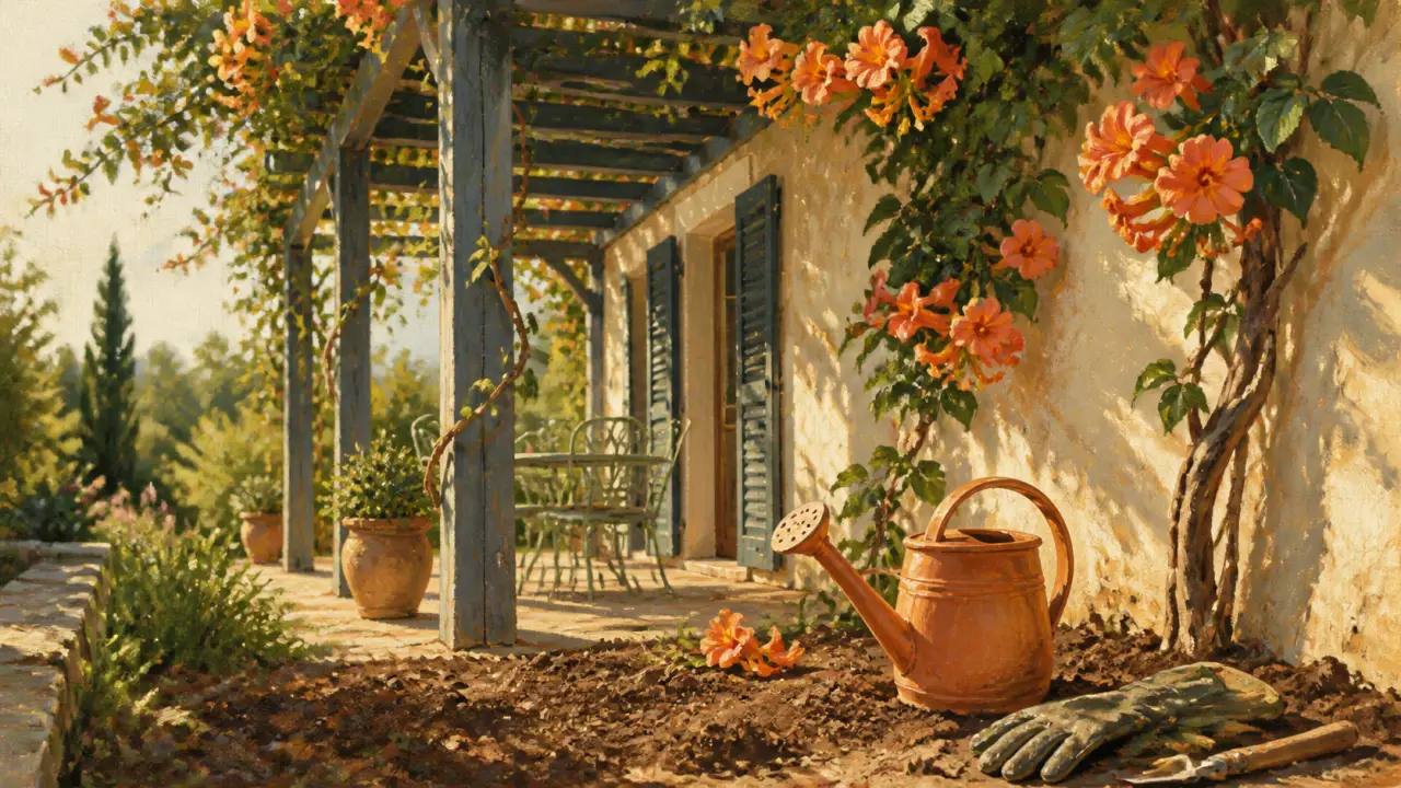 Bignone pergola aux fleurs orange sur pergola bois