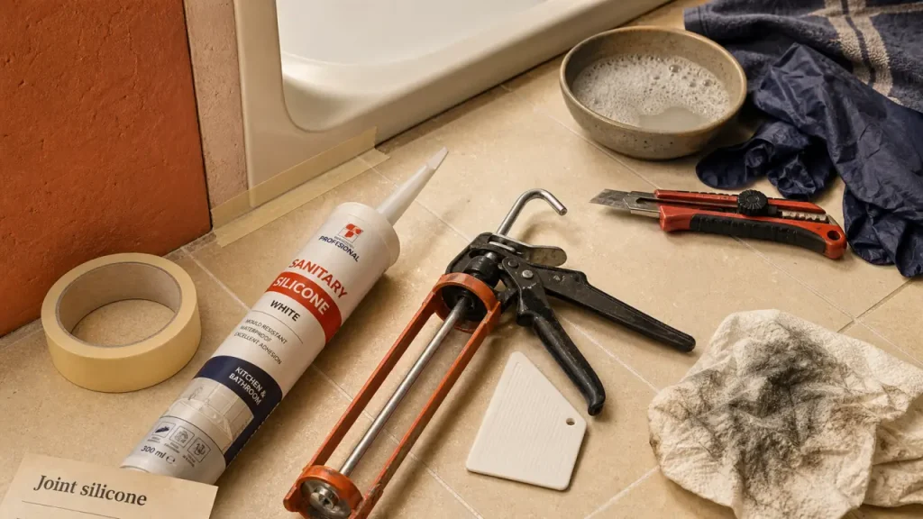 Changer joints baignoire : ruban masquage 5 mm avant silicone