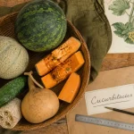 Cucurbitacées liste : courges, melons, pastèques sur table bois
