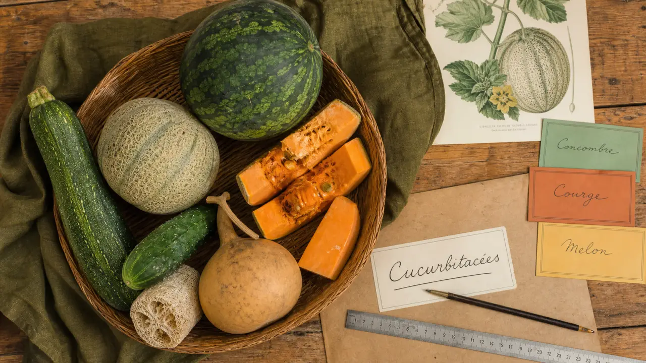 Cucurbitacées liste : courges, melons, pastèques sur table bois