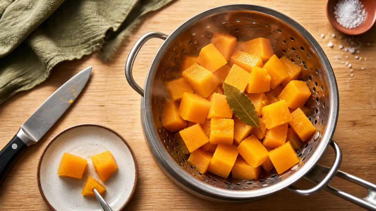 Cuisson butternut vapeur : cubes de butternut fondants en panier vapeur