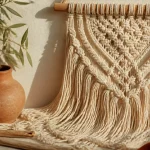 Déco macramé beige pour habiller un mur, fond crème