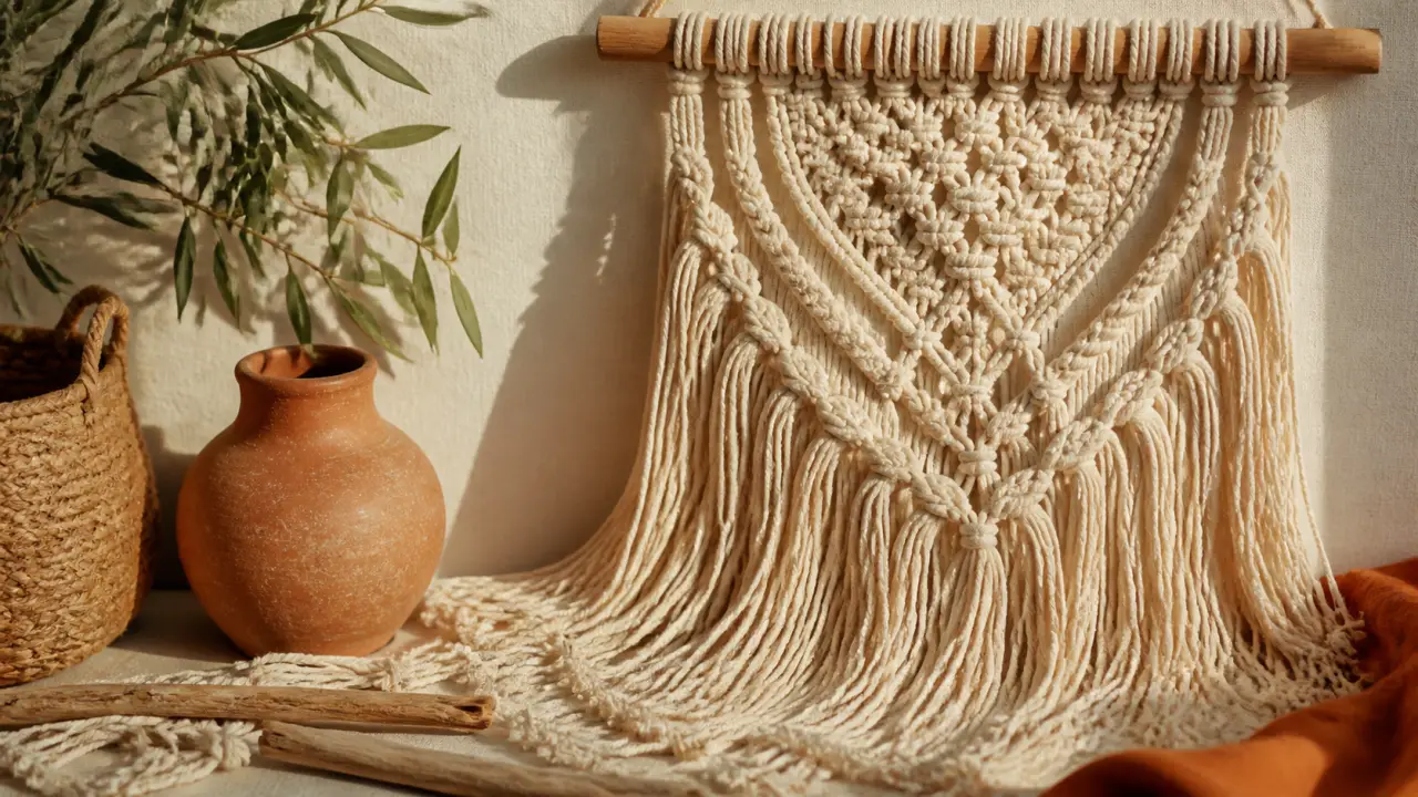 Déco macramé beige pour habiller un mur, fond crème