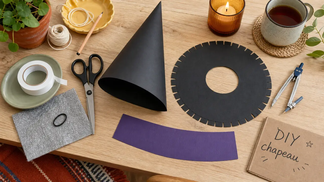 diy chapeau sorciere Halloween en papier noir, préparation DIY