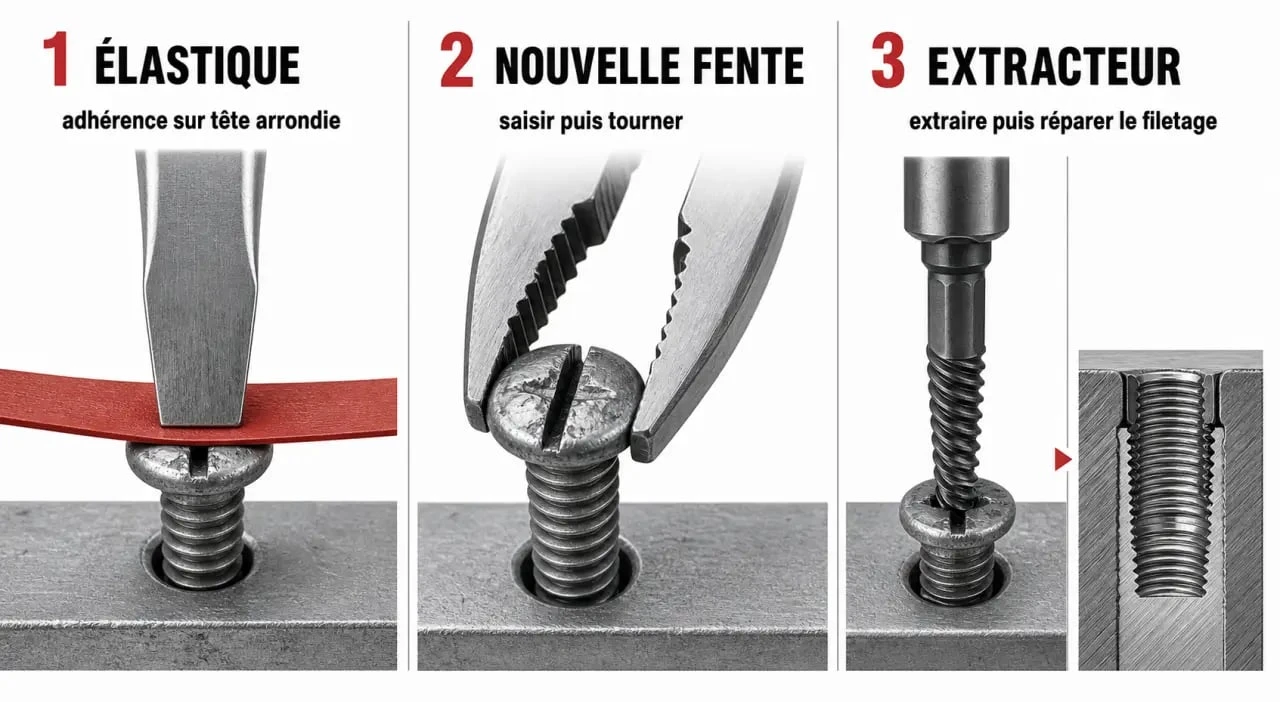 Pas de vis abîmé : progression des méthodes pour retirer une vis abîmée et réparer le filetage