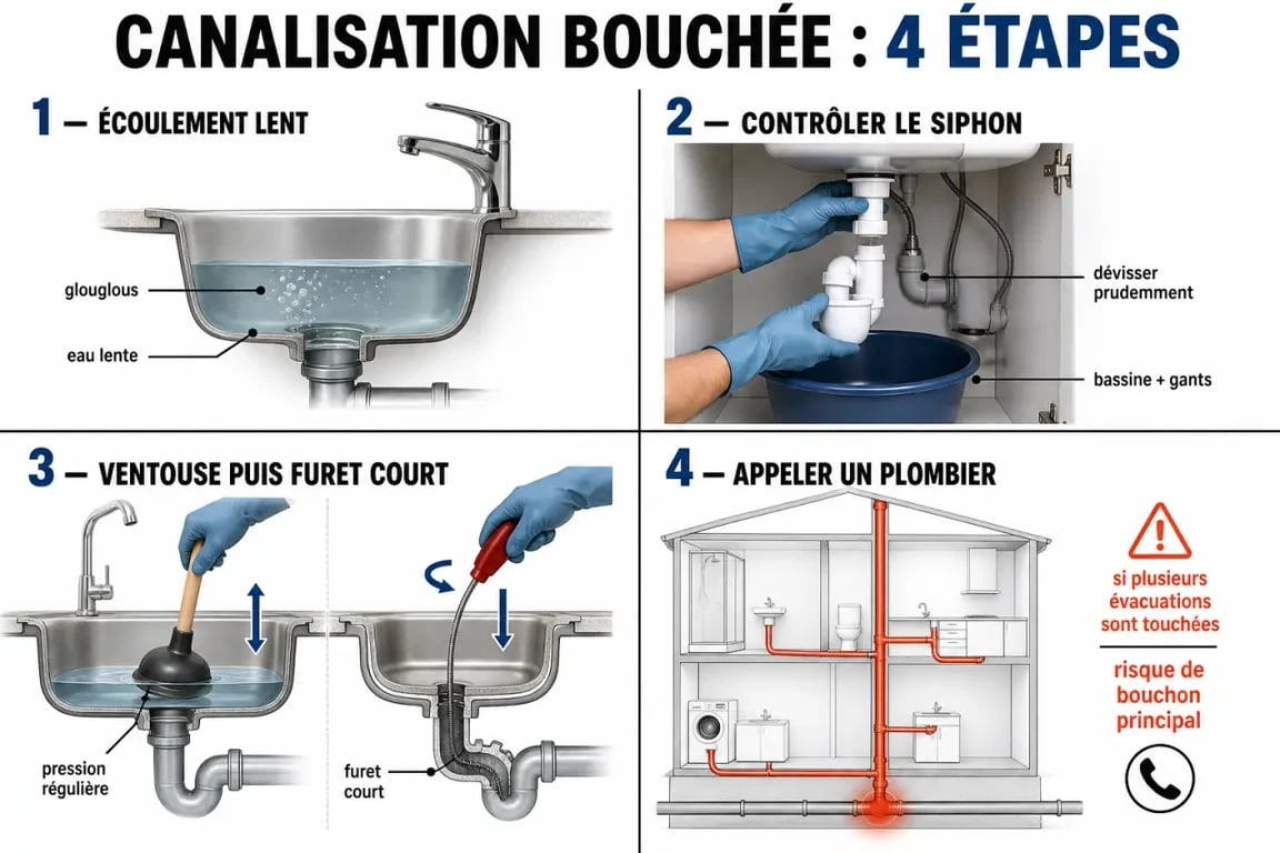 Canalisation bouchée : signes, contrôle du siphon et gestes de débouchage