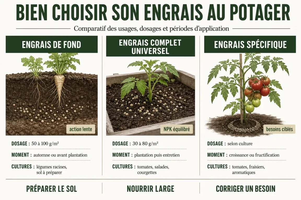 Engrai jardin potager : tableau comparatif des types d'engrais, des doses et des moments d'application