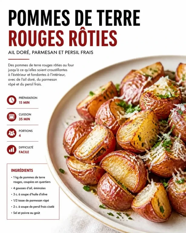 Pommes de terre rouges rôties à l'ail et au parmesan, une utilisation savoureuse de la pomme de terre rouge en cuisine.