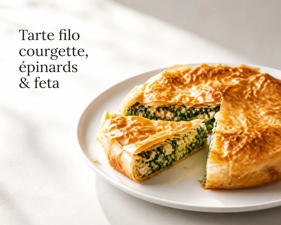 Recette pâte filo à la poêle : tarte salée croustillante garnie de courgette, épinards et feta