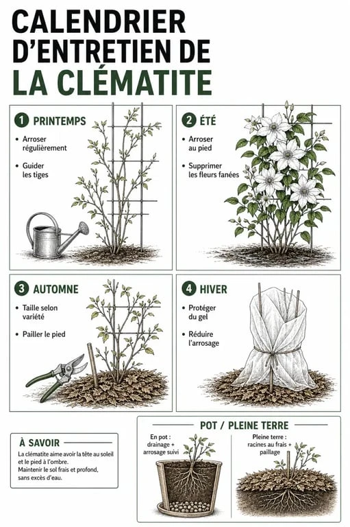 Entretien clématite : calendrier annuel des soins, taille, arrosage et protection selon la saison