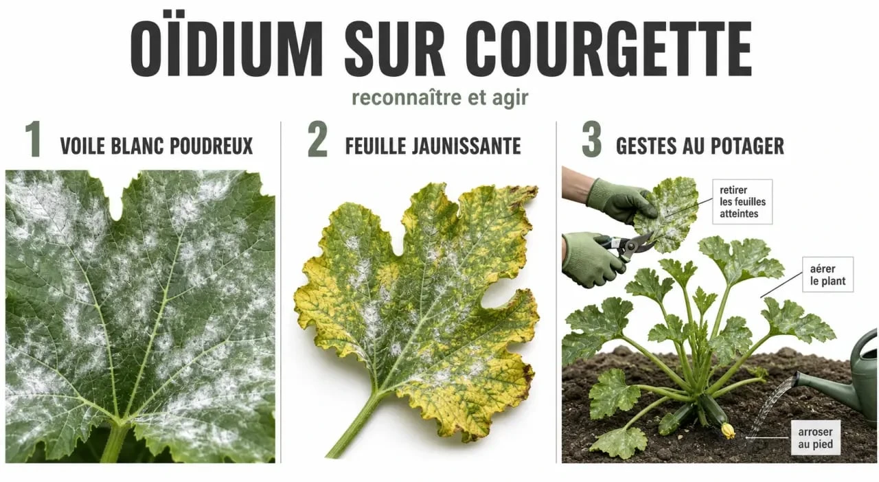 Traitement oïdium courgette : feuille atteinte, jaunissement et gestes de traitement au potager